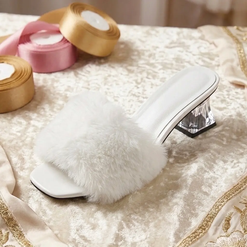 سليبر فرو كعب 5 سم شفاف لون ابيض White 5 cm transparent heel fur slipper.webp